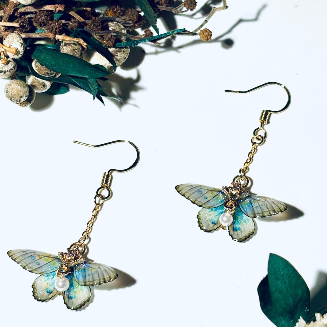 Moth Earrings, Cute Moth Wings With Pearl, Insect Fairy Resin Jewelry, Handmade Gift for her