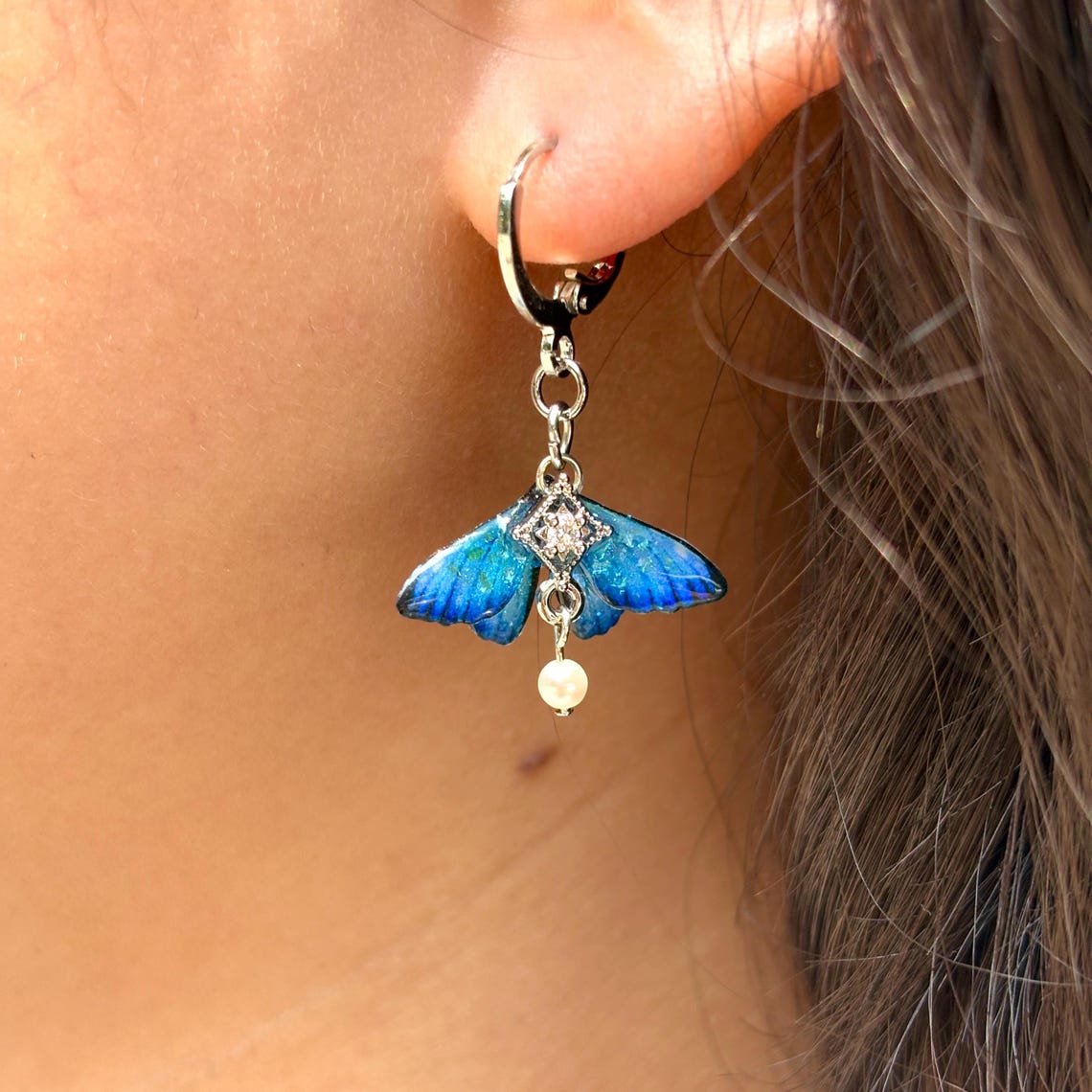 Blue Moth Earrings, Cute Moth Wings With Pearl, Insect Fairy Resin Jewelry, Handmade Gift for her